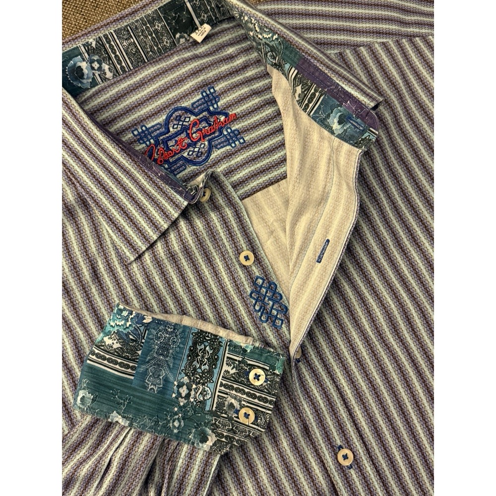 Robert Graham Men Shirt 2XL Purple Green Stripe Embroidered‎ Flip Cuff Elegant